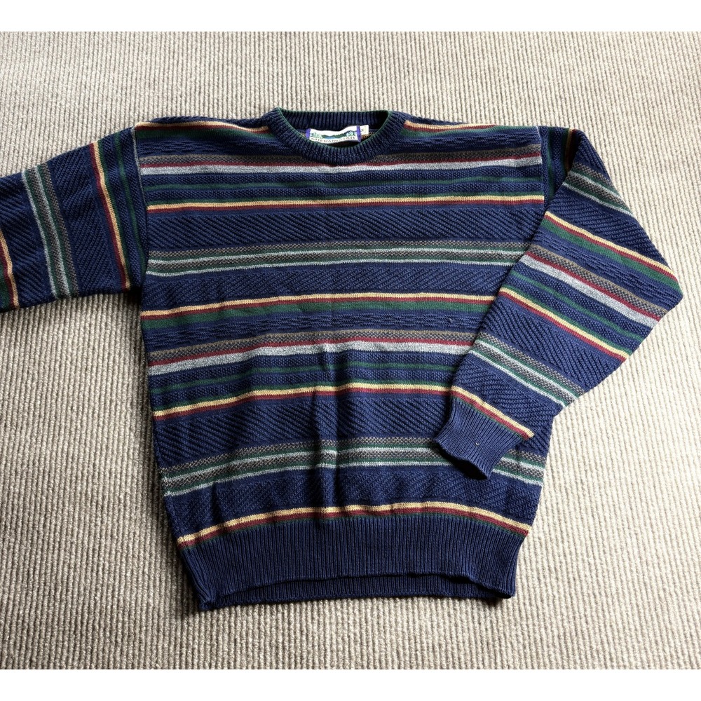 Shenandoah Sweater Mens Medium Blue Cotton Striped Knit Crew Neck Pullover USA